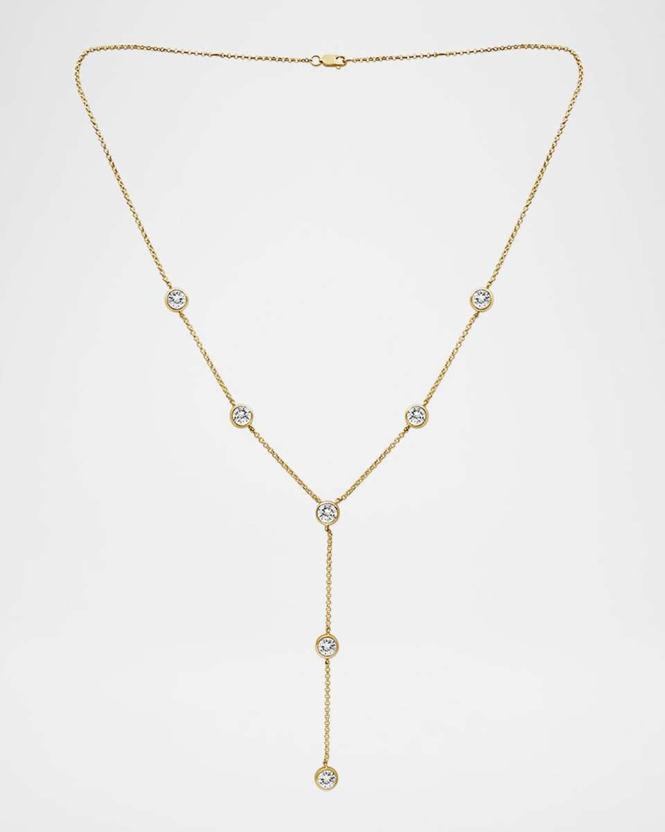 Round Lab Grown Diamond 18K Yellow Gold Bezel Station Y Necklace